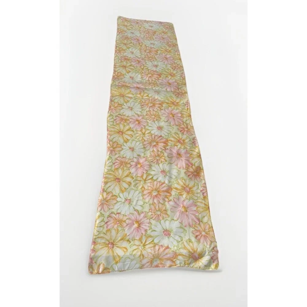 Vintage Floral Scarf Yellow Pink Daisy Sheer Mod Retro 60s 70s 13 x 53 Cottage - Picture 8 of 8